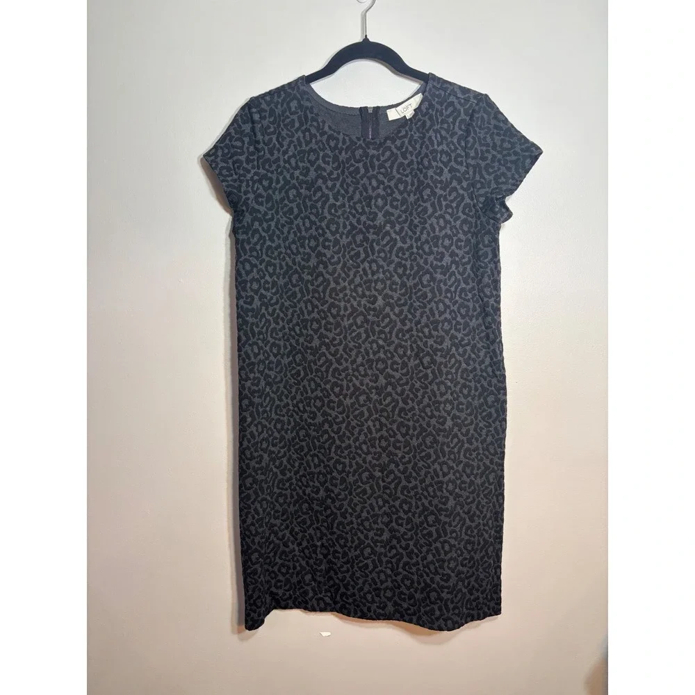 LOFT | Dresses | Loft Ann Taylor Womens Small Grey Black Leopard Print Short Sleeve Shift Dress